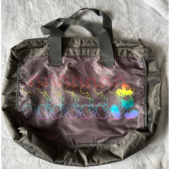 Disney Mickey Mouse Rainbow Print Tote Bag Gray Nylon Zip Travel Shoulder Bag - Picture 1 of 11